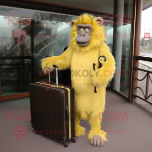 Yellow Baboon mascot costume character dressed with a Evening Gown and Briefcases