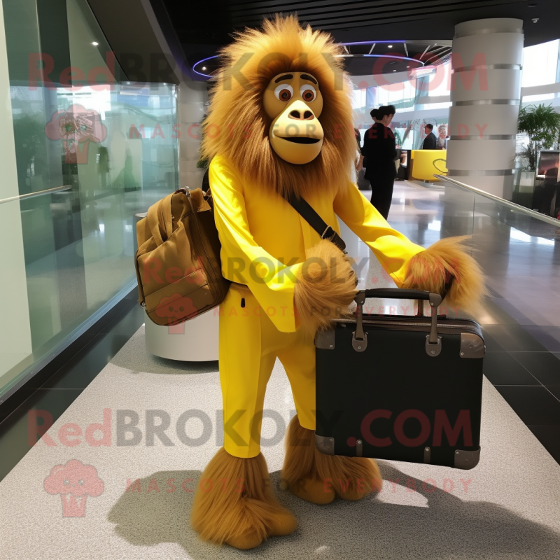 Yellow Baboon mascot costume character dressed with a Evening Gown and Briefcases Yellow Baboon mascot costume character dressed with a Evening Gown and Briefcases