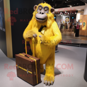 Yellow Baboon mascot costume character dressed with a Evening Gown and Briefcases