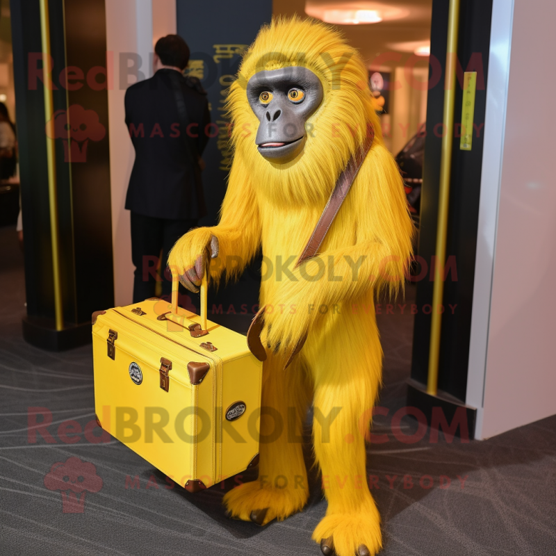 Yellow Baboon mascot costume character dressed with a Evening Gown and Briefcases