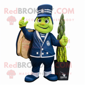 Navy Asparagus mascot costume character dressed with a Moto Jacket and Handbags