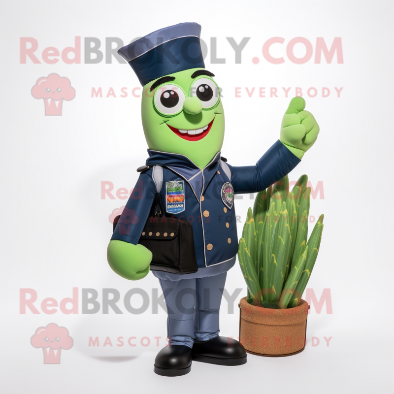 Navy Asparagus mascot costume character dressed with a Moto Jacket and Handbags Navy Asparagus mascot costume character dressed with a Moto Jacket and Handbags