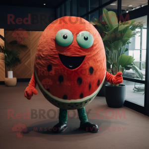 Rust Watermelon mascot costume character dressed with a Capri Pants and Ties