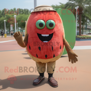 Rust Watermelon mascot costume character dressed with a Capri Pants and Ties