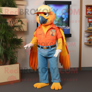 Orange Parrot mascot costume character dressed with a Mom Jeans and Belts