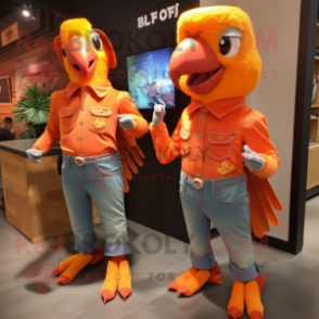 Orange Parrot mascot costume character dressed with a Mom Jeans and Belts