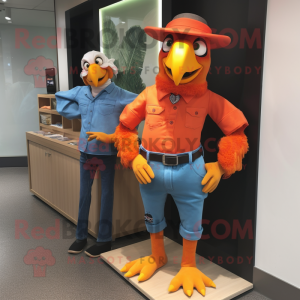 Orange Parrot mascot costume character dressed with a Mom Jeans and Belts