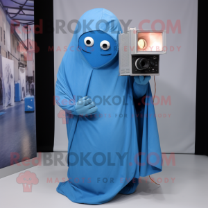 Blue Camera mascot costume character dressed with a Cover-up and Cummerbunds