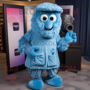 Blue Camera mascot costume character dressed with a Cover-up and Cummerbunds