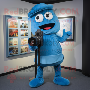 Blue Camera mascot costume character dressed with a Cover-up and Cummerbunds