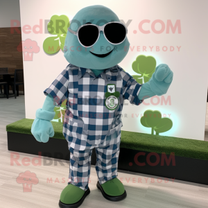 Sky Blue Four Leaf Clover mascot costume character dressed with a Flannel Shirt and Bracelet watches
