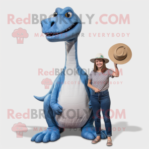 Silver Brachiosaurus mascot costume character dressed with a Mom Jeans and Hats