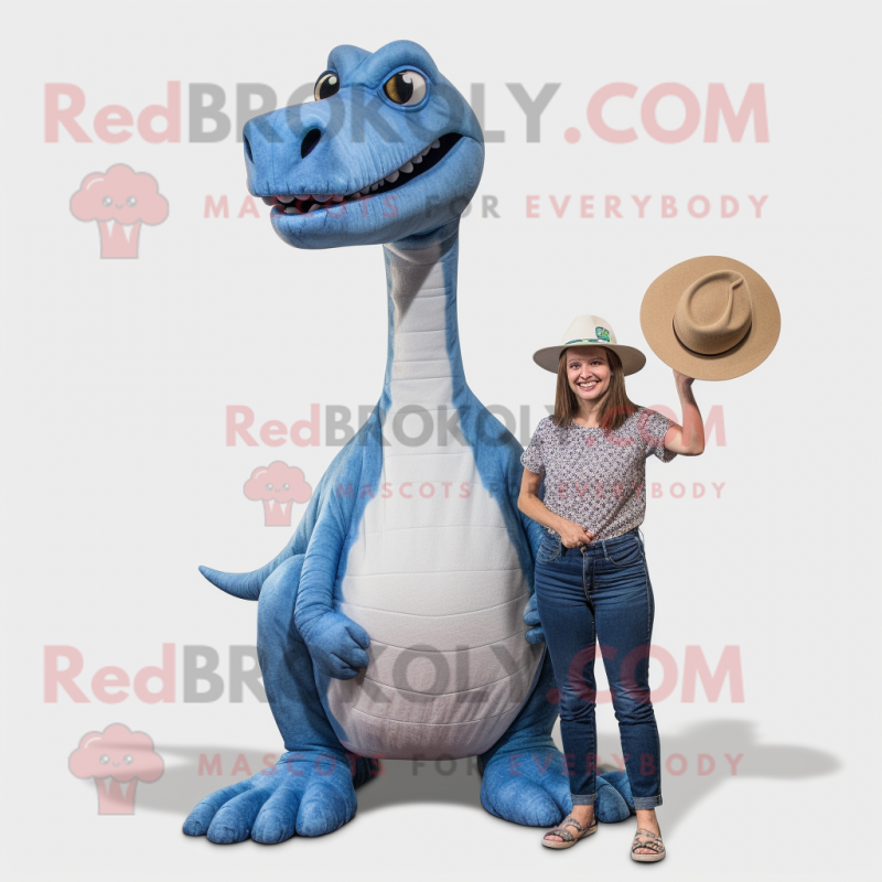Silver Brachiosaurus mascot costume character dressed with a Mom Jeans and Hats Silver Brachiosaurus mascot costume character dressed with a Mom Jeans and Hats