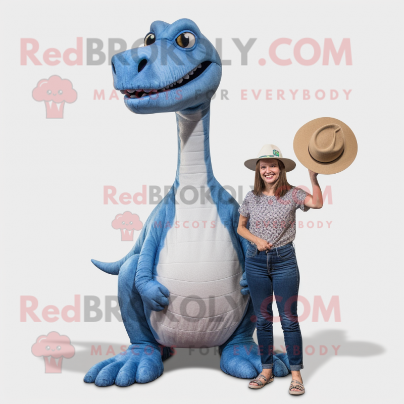 Silver Brachiosaurus mascot costume character dressed with a Mom Jeans and Hats