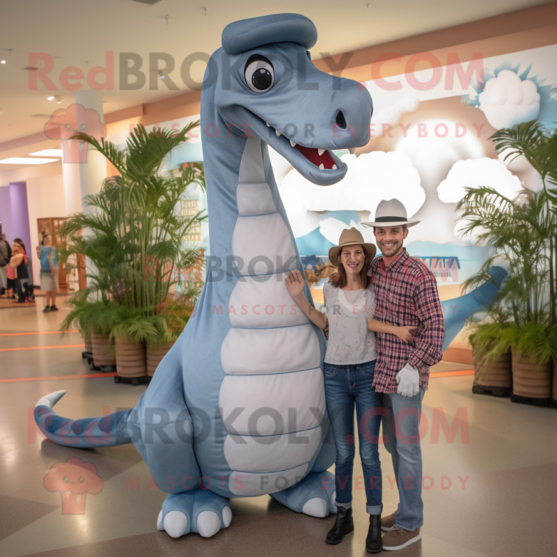 Silver Brachiosaurus mascot costume character dressed with a Mom Jeans and Hats