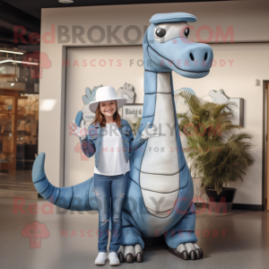 Silver Brachiosaurus mascot costume character dressed with a Mom Jeans and Hats