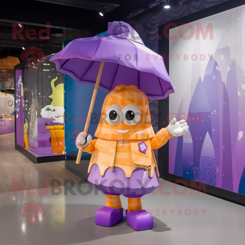 Purple Ice Cream Cone mascot costume character dressed with a Raincoat and Handbags Purple Ice Cream Cone mascot costume character dressed with a Raincoat and Handbags