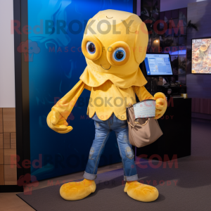 Gold Octopus mascot costume character dressed with a Jeans and Coin purses