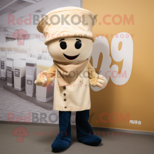 Beige Miso Soup mascot costume character dressed with a Bootcut Jeans and Berets