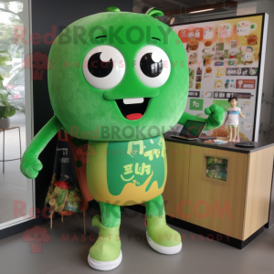 Forest Green Miso Soup mascot costume character dressed with a Playsuit and Keychains