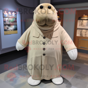 Cream Walrus mascot costume character dressed with a Button-Up Shirt and Mittens