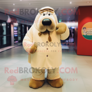 Cream Walrus mascot costume character dressed with a Button-Up Shirt and Mittens