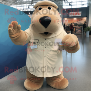 Cream Walrus mascot costume character dressed with a Button-Up Shirt and Mittens