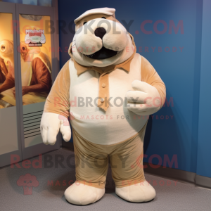 Cream Walrus mascot costume character dressed with a Button-Up Shirt and Mittens