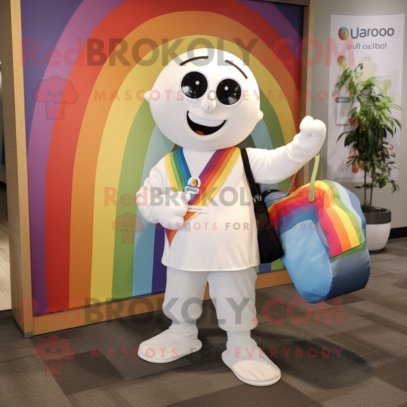 White Rainbow mascot costume character dressed with a Trousers and Tote bags White Rainbow mascot costume character dressed with a Trousers and Tote bags