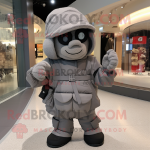 Gray Commando mascot costume character dressed with a Hoodie and Clutch bags