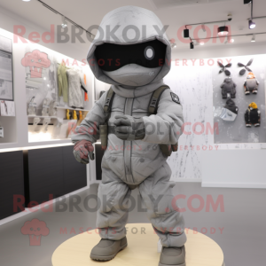 Gray Commando mascot costume character dressed with a Hoodie and Clutch bags