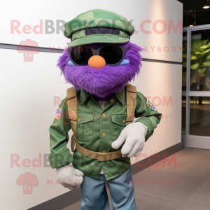 Purple Green Beret mascot costume character dressed with a Jeans and Sunglasses