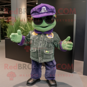 Purple Green Beret mascot costume character dressed with a Jeans and Sunglasses