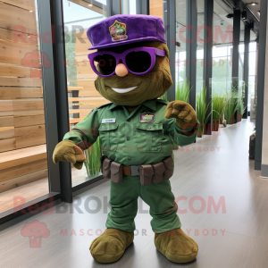 Purple Green Beret mascot costume character dressed with a Jeans and Sunglasses