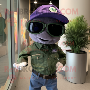 Purple Green Beret mascot costume character dressed with a Jeans and Sunglasses