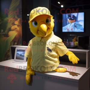 Yellow Parrot mascot costume character dressed with a Poplin Shirt and Caps