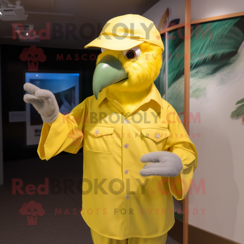 Yellow Parrot mascot costume character dressed with a Poplin Shirt and Caps Yellow Parrot mascot costume character dressed with a Poplin Shirt and Caps