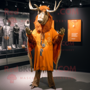 Orange Irish Elk mascot costume character dressed with a Henley Tee and Shawl pins