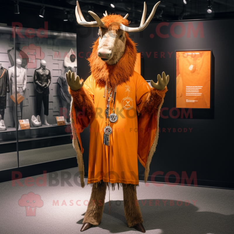 Orange Irish Elk mascot costume character dressed with a Henley Tee and Shawl pins Orange Irish Elk mascot costume character dressed with a Henley Tee and Shawl pins