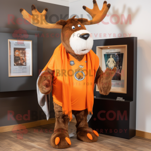 Orange Irish Elk mascot costume character dressed with a Henley Tee and Shawl pins