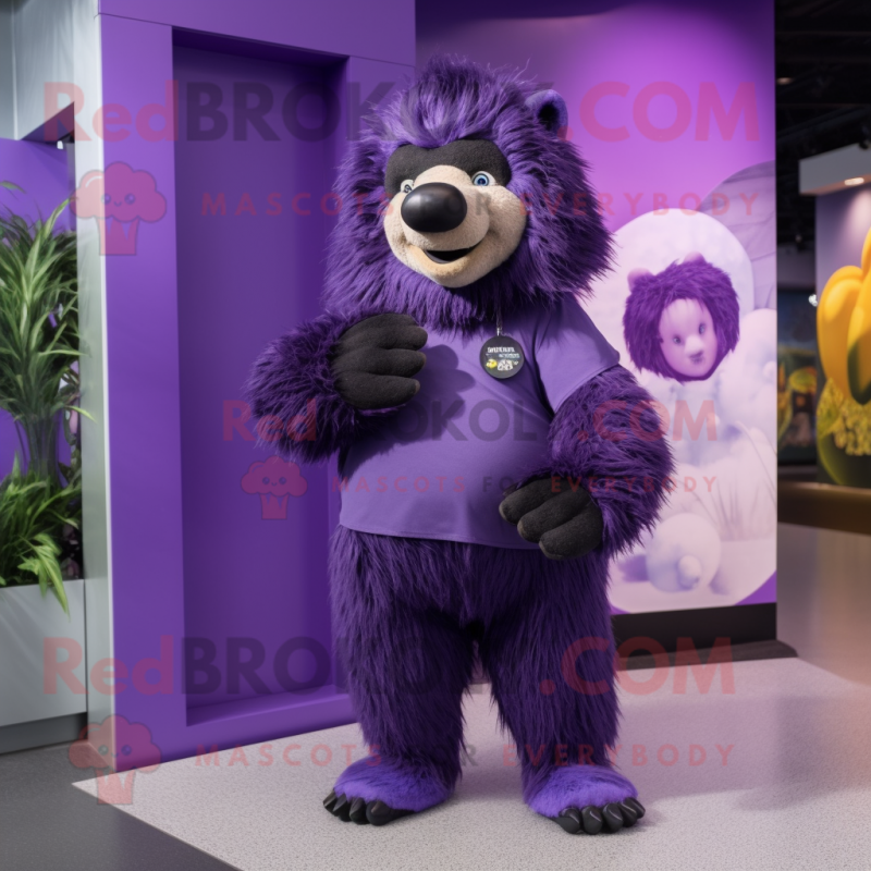 Purple Sloth Bear mascot costume character dressed with a Leggings and Shoe clips Purple Sloth Bear mascot costume character dressed with a Leggings and Shoe clips