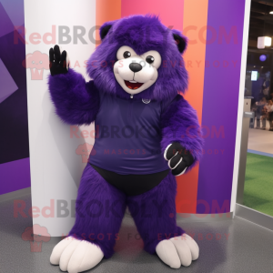 Purple Sloth Bear mascot costume character dressed with a Leggings and Shoe clips