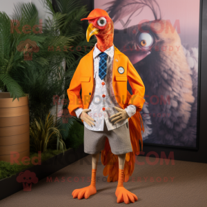 Orange Guinea Fowl mascot costume character dressed with a Bermuda Shorts and Ties