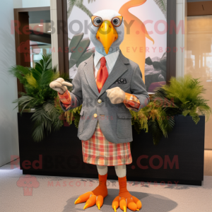 Orange Guinea Fowl mascot costume character dressed with a Bermuda Shorts and Ties