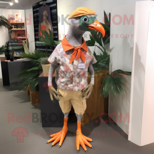 Orange Guinea Fowl mascot costume character dressed with a Bermuda Shorts and Ties