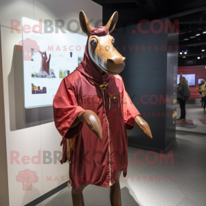 Maroon Okapi mascot costume character dressed with a Raincoat and Brooches