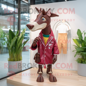 Maroon Okapi mascot costume character dressed with a Raincoat and Brooches