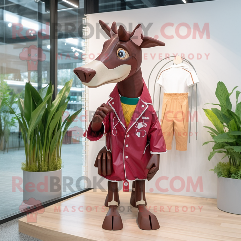Maroon Okapi mascot costume character dressed with a Raincoat and Brooches Maroon Okapi mascot costume character dressed with a Raincoat and Brooches