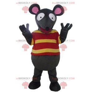 Fun gray and pink mouse mascot with a striped t-shirt -
