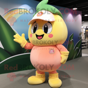Peach Banana mascot costume character dressed with a Romper and Caps